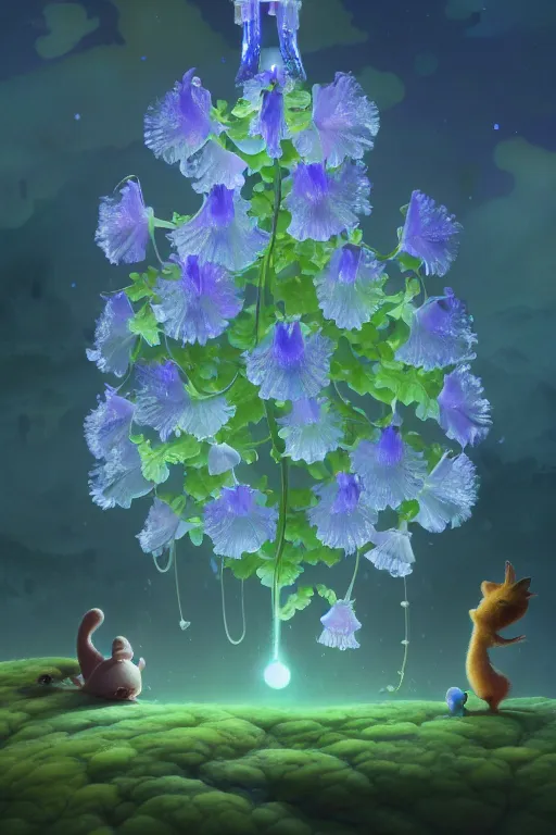 Image similar to a surreal Bioluminescent, very very very cute Campanula in a happy world by Daniel Merriam, Trending on Artstation, oil on Canvas by Elena Zhurikhina and Goro Fujita and Charlie Bowater, octane render, 4k, 8k, HD