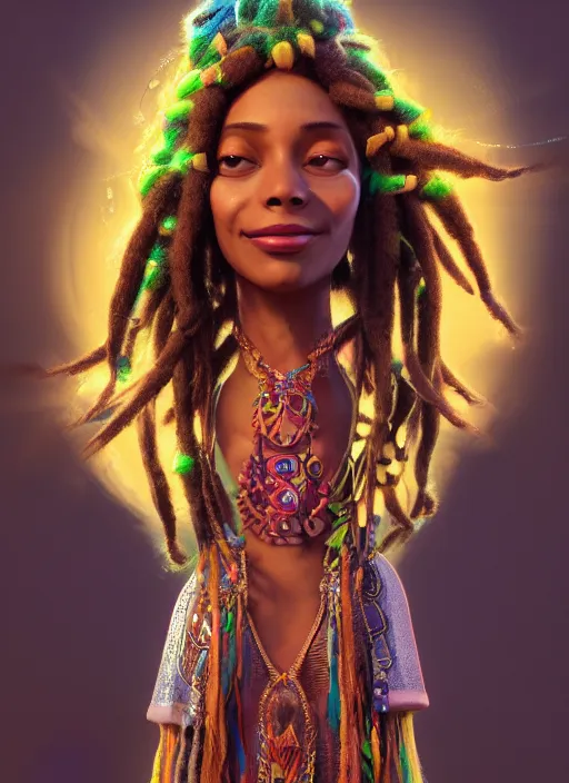 Image similar to an anthropomorphic beautiful smiling goddess female wizard portrait playing poi wearing colourful robe, dreadlock breed hair, fine art, award winning, intricate, elegant, sharp focus, octane render, hyperrealistic, cinematic lighting, highly detailed, digital painting, 8 k concept art, art by jamie hewlett masterpiece, trending on artstation, 8 k