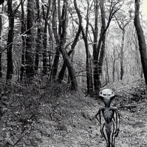 Image similar to old photo of an alien walking through the woods