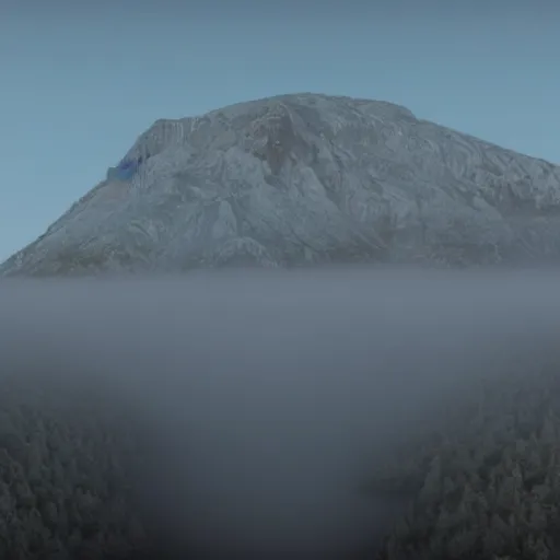 Prompt: still shot of a mountain covered in morning fog, highly detailed, photorealistic portrait, bright studio setting, studio lighting, crisp quality and light reflections, unreal engine 5 quality render