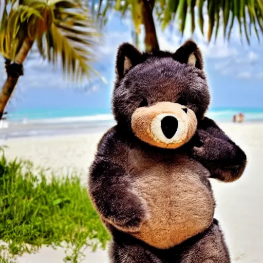 Image similar to an adorable fierce furry monster that looks like a very chubby wolf rabbit ears and teddy bear body, Smiling at the camera with a mischievous grin, happy lighting, at a tropical beach