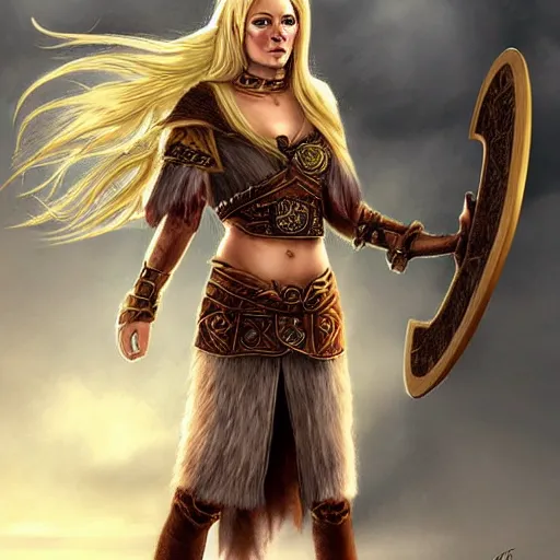 Prompt: beautiful viking woman, blonde, tall, brawny, d & d, concept art, fantasy, steve argyle