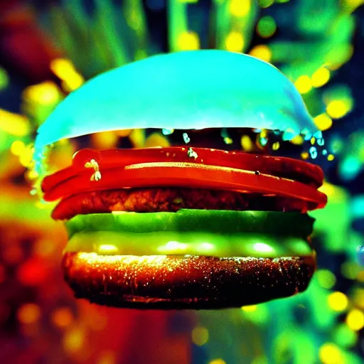 Image similar to hamburger mix jellyfish, cg, 8 k, surrealistic, sharp focus, style by andy warhol