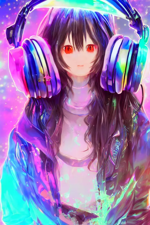 Image similar to portrait of an 3d anime character with cute sparkly eyes wearing a psychedelic holographic hoodie and headphones, long hair with pastel colors in the style of code vein by Kurumi Kobayashi Koichi Itakura, 3d anime, octane render, dynamic dramatic lighting, with glitch and chromatic abbreviations, artstation, cgsociety, imaginefx, by anime concept artist, rendered in unreal engine, by WENJR, WLOP, artgerm