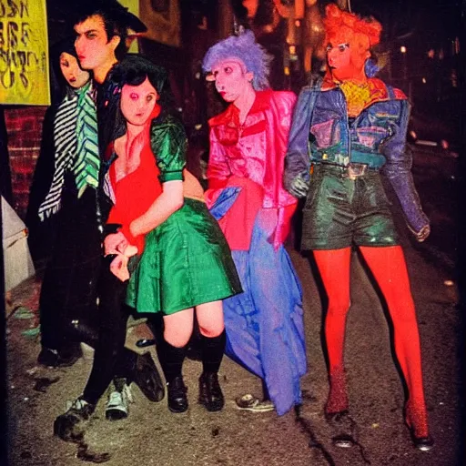 Image similar to night color flash portrait photography of punks on the lower east side by diane arbus, colorful!!, nighttime!, raining!