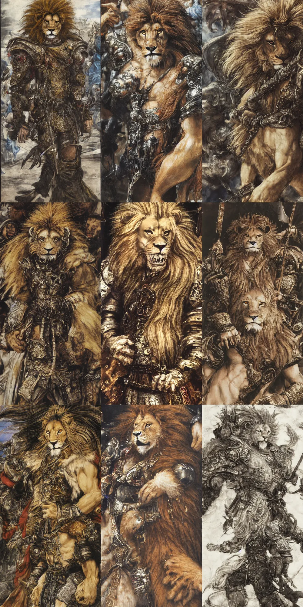 Image similar to 8k Yoshitaka Amano painting of upper body of a young cool looking lion beastman with white mane at a medieval market at windy day. Depth of field. He is wearing complex fantasy clothing. He has huge paws. Renaissance style lighting.