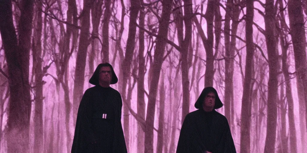 Image similar to screenshot of Luke Skywalker in dark jedi robe is lost on a surreal pink planet with black trees, minamilist 1970s sci fi film by Stanely Kubrick film, color kodak, Ektachrome, anamorphic lenses, detailed faces, hyper-realistic, photoreal, detailed portrait, moody award winning cinematography, beautiful lighting