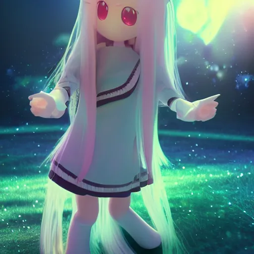 Image similar to cute fumo plush of a girl with a big heart, very long hair, stylized pbr, subsurface scattering, glitter, outline glow, blob anime, bokeh, vray