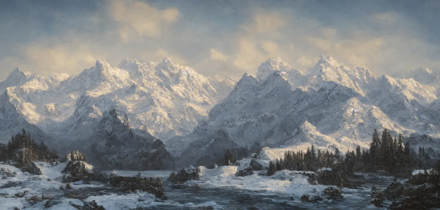 Prompt: detailed Photorealistic oil painting of an epic scene containing A snowy mountain that faces the open water and is blocked off by a large castle