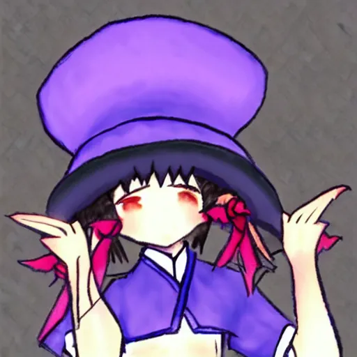 Prompt: Poorly drawn image of the newest Touhou character, badly drawn, fluffy hats