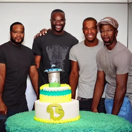 Prompt: several black guys surrounding a big cake. ultra realistic.