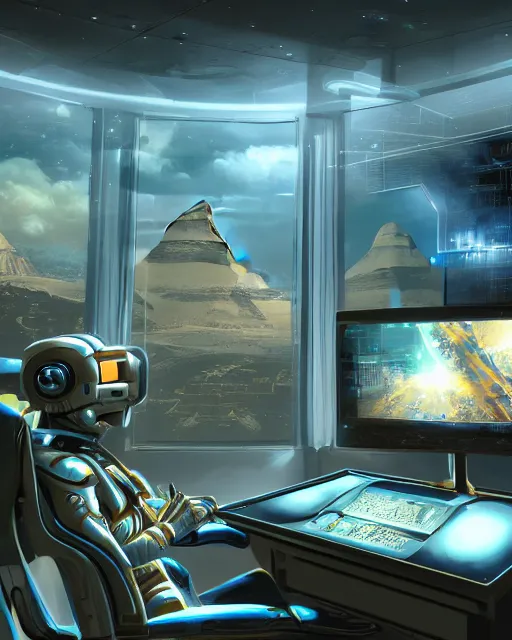 Image similar to gaming room in 2 0 4 0, scifi, futuristic, virtual reality, simulation, technology, egyptian style, computer, large window, evening, illuminated, highly detailed, artstation, by eutimio garcia