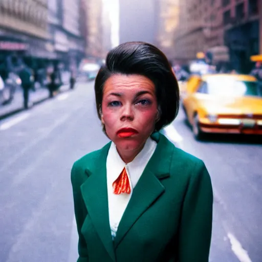 Image similar to street photography portrait of a woman in a suit in the streets of new york, 1 9 6 0 s, photo taken with ektachrome, featured on flickr, photographed on damaged film