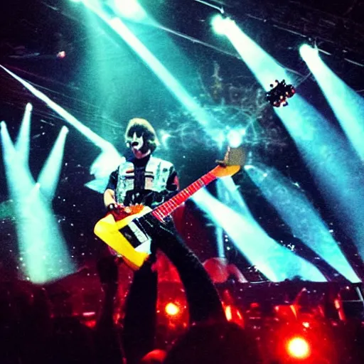 Image similar to “voltron playing guitar at a Def Leppard concert, low angle photo with gleaming lights and sparks”