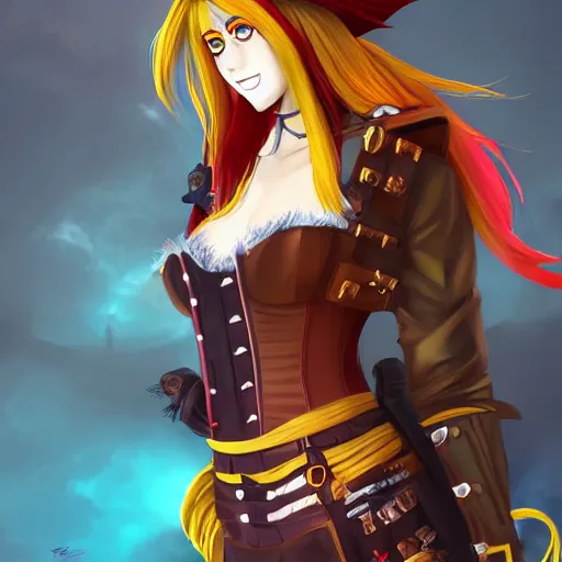 Prompt: advanced digital anime character art, female pirate captain with a yellow and a red eye , res brown hair wearing a corset and large pirate hat with feathers, RossDraws, WLOP, Sakimichan. —H 768