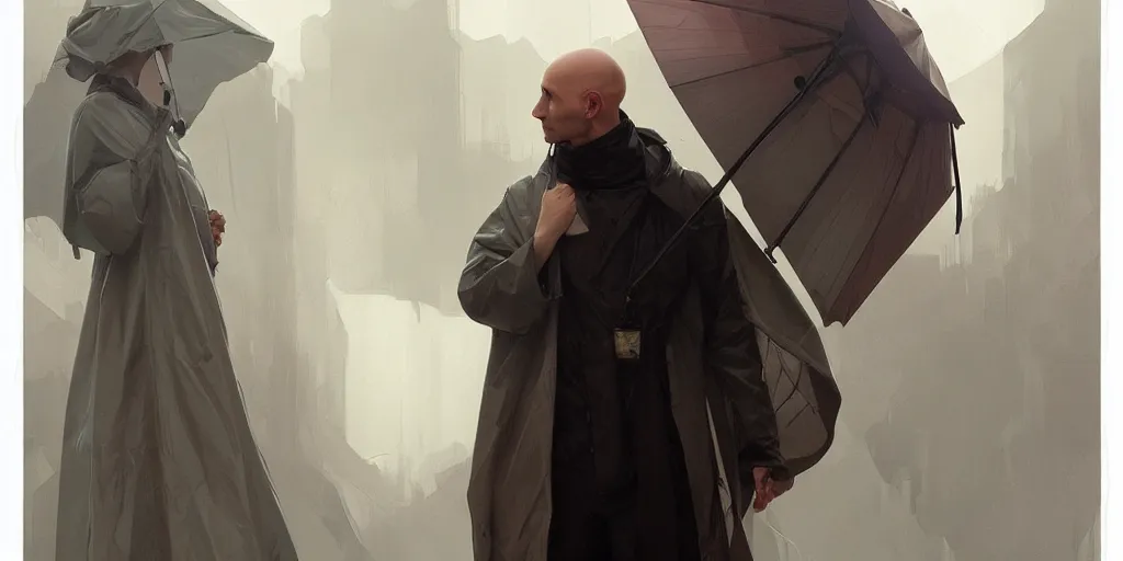 Image similar to european ( ( ( ( bald young man ) ) ) ) dressed in raincoat, male, clear face, masculine, upper body, highly detailed, digital painting, artstation, concept art, matte, sharp focus, illustration, art by artgerm and greg rutkowski and alphonse mucha