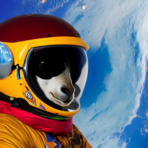 Image similar to a lama in a helmet is flying in space, 4k image.