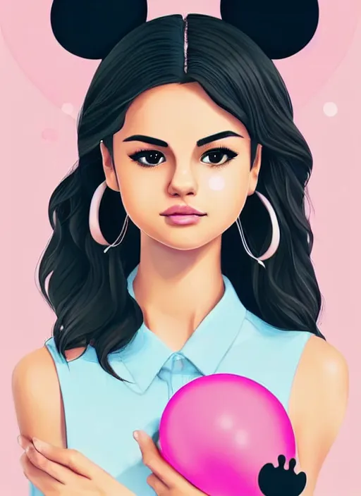 Image similar to woman resembling selena gomez at a birthday party wrapping mickey ears. balloons. clean cel shaded vector art. shutterstock. behance hd by lois van baarle, artgerm, helen huang, by makoto shinkai and ilya kuvshinov, rossdraws, illustration,