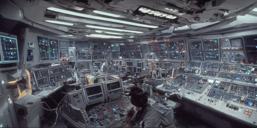 Prompt: colored film still of a machinery control room on a space ship freighter, ridley scott movie, 1 9 8 0 s sci - fi, claustrophobic, long tube, hardware, screens, controls,