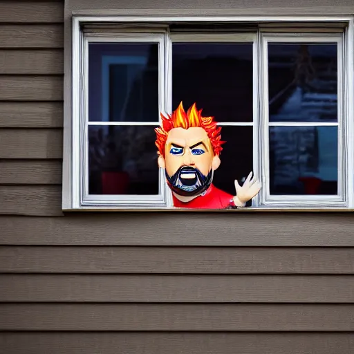 Prompt: guy fieri lawn gnome looking in through the window, realistic 4k photo, dramatic, ominous