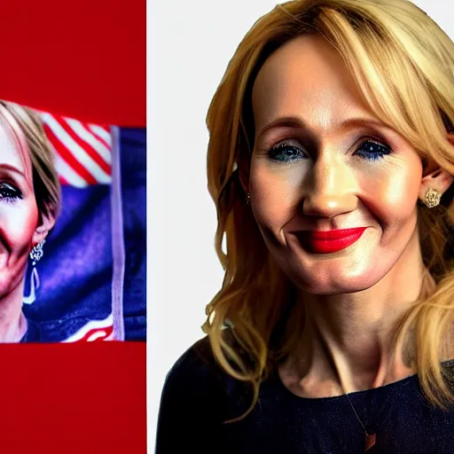 Image similar to Portrait till photograph of JK Rowling smiling in front of the transgender flag, detailed, textured, medium shot, mid-shot, trending on Artstation