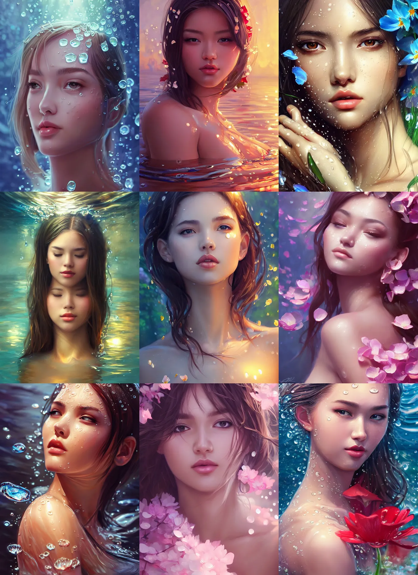 Prompt: gorgeous female covered in water resting on the petals in the style of stefan kostic, cute - fine - face, backlit, refracted lighting, elegant, half body shot, 8 k, insanely detailed, intricate, art by stanley lau, artgerm, wlop, caidychen, kuvshinov ilya,