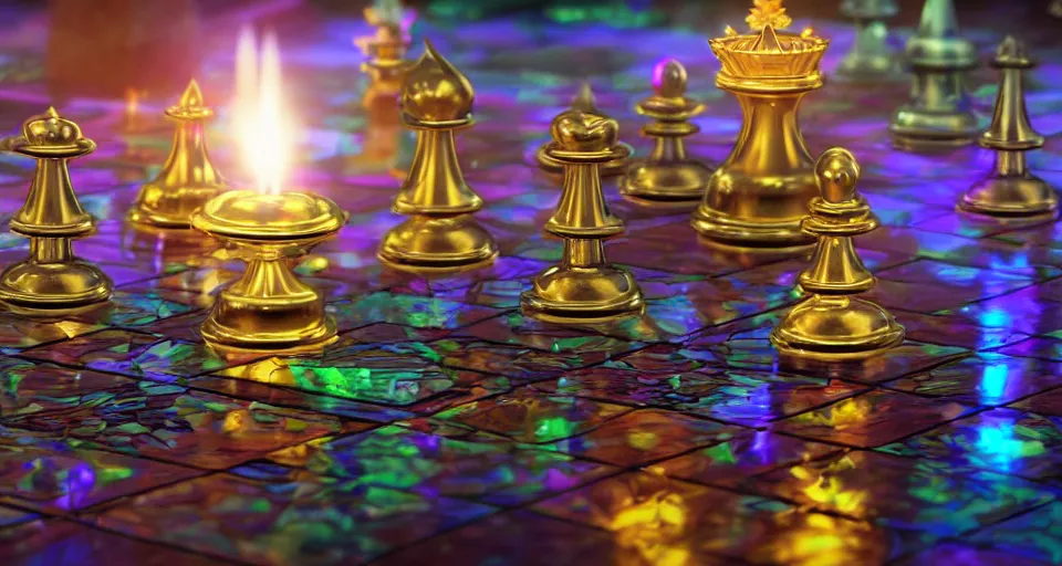 Prompt: close up of a beautiful futuristic holographic chessgame, ultra detailed, atmospheric lighting, steampunk, moody, candles, by don bluth, trending on artstation, octane render, 8 k, ultra realistic