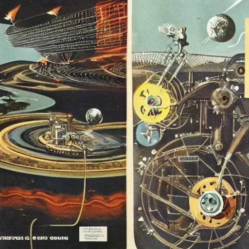 Image similar to 1960 magazine cut out collage of steam punk machinery terraforming Jupiter, Horst Jansen,