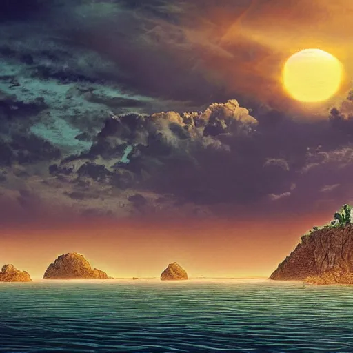 Image similar to the glory of old atlantis, which is an island in the middle of the Atlantic the size of Libya, with hills, mountains, a sun setting, fields being worked, oceans in the background, many tall trees, and a bit of desert in the scene. The civilization of atlantis has developed ancient advanced technologies such as mining, farming and medicine, in a surreal, abstract style