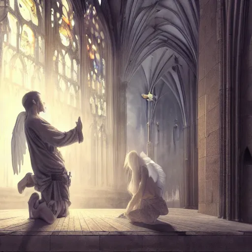 Image similar to angel protecting man who is praying inside a gothic church by Stanley Artgerm Lau, WLOP, Rossdraws, James Jean, Andrei Riabovitchev, Marc Simonetti, Yoshitaka Amano, ArtStation, CGSociety