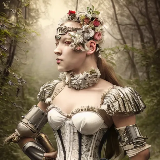 Image similar to A masterpiece ultrarealistic ultradetailed portrait of a Incredibly beautiful angel armored princess knight IN INCREDIBLE ceramic GAS MASK WITH FLOWERS and swarovski crystals. baroque renaissance. in the forest. White amazing corset. medium shot, intricate, elegant, highly detailed. trending on artstation, digital art, by Stanley Artgerm Lau, WLOP, Rossdraws, James Jean, Andrei Riabovitchev, Marc Simonetti, Yoshitaka Amano. background by James Jean and Gustav Klimt, light by Julie Bell, 4k, porcelain skin. BY ZDIZISLAW BEKSINSKI Cinematic concept art