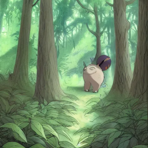 Image similar to creature in the forest in the ghibli artstyle, art 8k detailed, smooth, highly detailed, ghibli