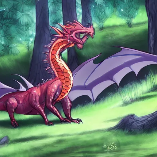 Prompt: a mulitcolored dragon roaming the forest, trending on pixiv