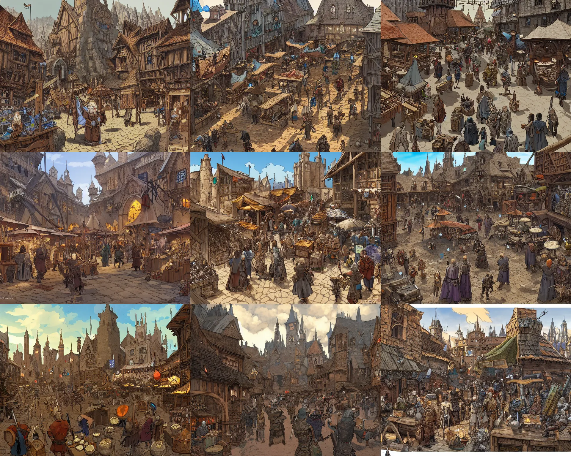 Prompt: Bustling medieval marketplace with various weaponry and potion shops by Geoff Darrow and Mattias, inspired by RPG, key art, environment concept art, Hyperdetailed, stylized, Artstation
