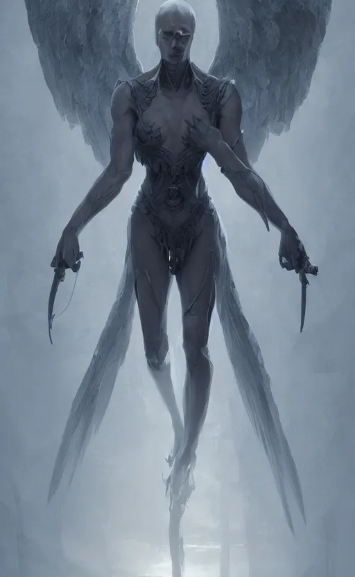 Prompt: the angel of death, standing, soft grey and blue natural light, intricate, digital painting, artstation, concept art, smooth, sharp focus, illustration, art by greg rutkowski and luis rollo and uang guangjian and gil elvgren, symmetry!
