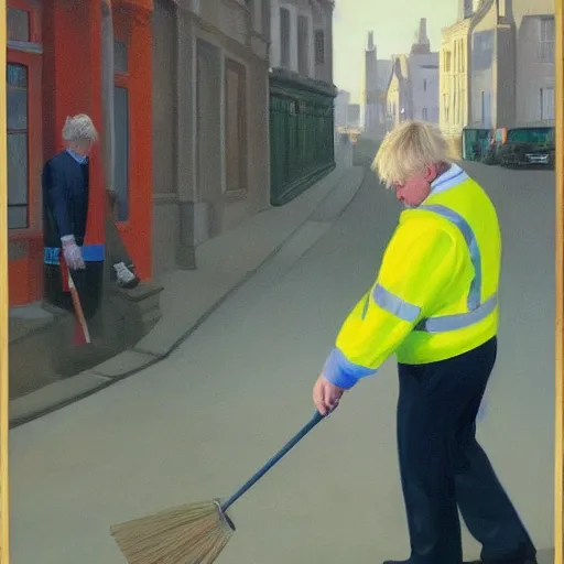 Image similar to A fine art painting of Boris Johnson doing community service in a high vis vest, he is picking litter on a British street. In the style of Edward Hopper and Wes Anderson