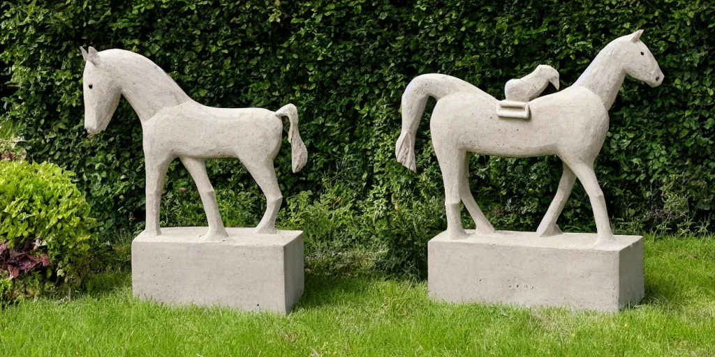 Image similar to folk art carved concrete statue of a horse rearing up, in an english cottage garden