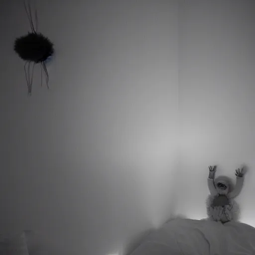 Image similar to fuzzy monster floating in my room at night, photograph