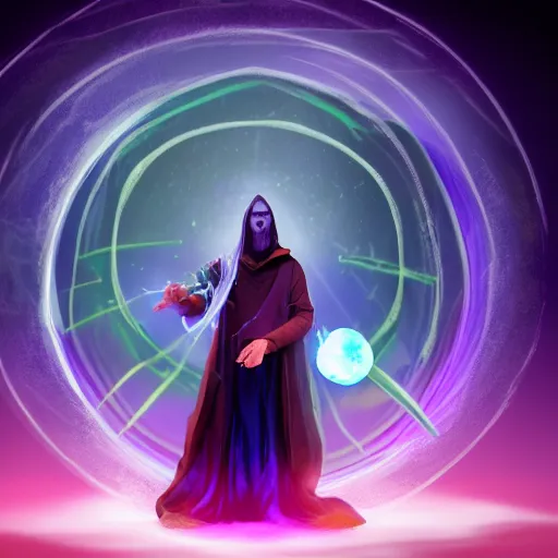 Image similar to a warlock is casting a magic spell, while a few small magic orb is floating nearby, the magic orb emit a blueish vapour, dynamic pose, chromatic aberration , medium level shot, Grim fantasy, illustration ,digital art, concept art,