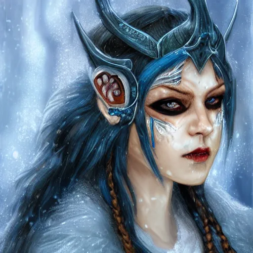 Image similar to bandit from ‘ icewind dale ’ and ‘ icewind dale heart of winter ’, with a frost blue gem mask lined with copper, ‘ icewind dale 2 ’ profile portrait by ‘ justin sweet ’, perfect face, pretty face, falling snow, soft focus, illustration, oil paint,