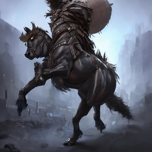 Image similar to a dark anthropomorphized horse with gargantuan muscles wearing a tight kevlar battle outfit in rubble, equine, anthro art, furaffinity, highly detailed, digital painting, artstation, sharp focus, game art, concept art, illustration, art by artgerm, greg rutkowski, wlop