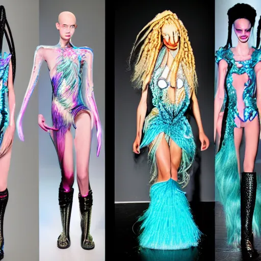 Image similar to haute couture, iris van herpen, mugler, techno mystic, inanna ashteroth with aqua neon rapunzel dreadlocks, nautical siren, princess intergalactica, gateway to futurisma