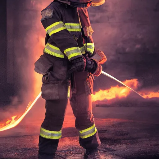 Image similar to full body pose, hyperrealistic photograph of female fireman, dim volumetric lighting, 8 k, octane beautifully detailed render, extremely hyper detailed, intricate, epic composition, cinematic lighting, masterpiece, trending on artstation, very very detailed, stunning, hdr, smooth, sharp focus, high resolution, award, winning photo, dslr, 5 0 mm