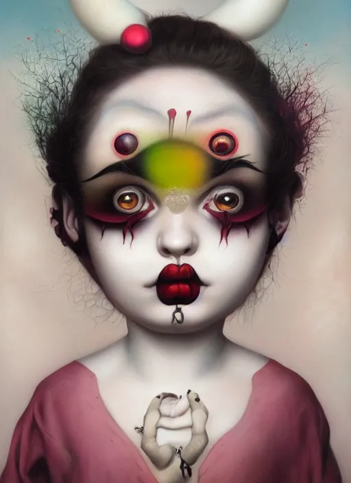 Image similar to pop surrealism, lowbrow art, realistic clown painting, japanese street fashion, hyper realism, muted colours, rococo, natalie shau, loreta lux, tom bagshaw, mark ryden, trevor brown style,