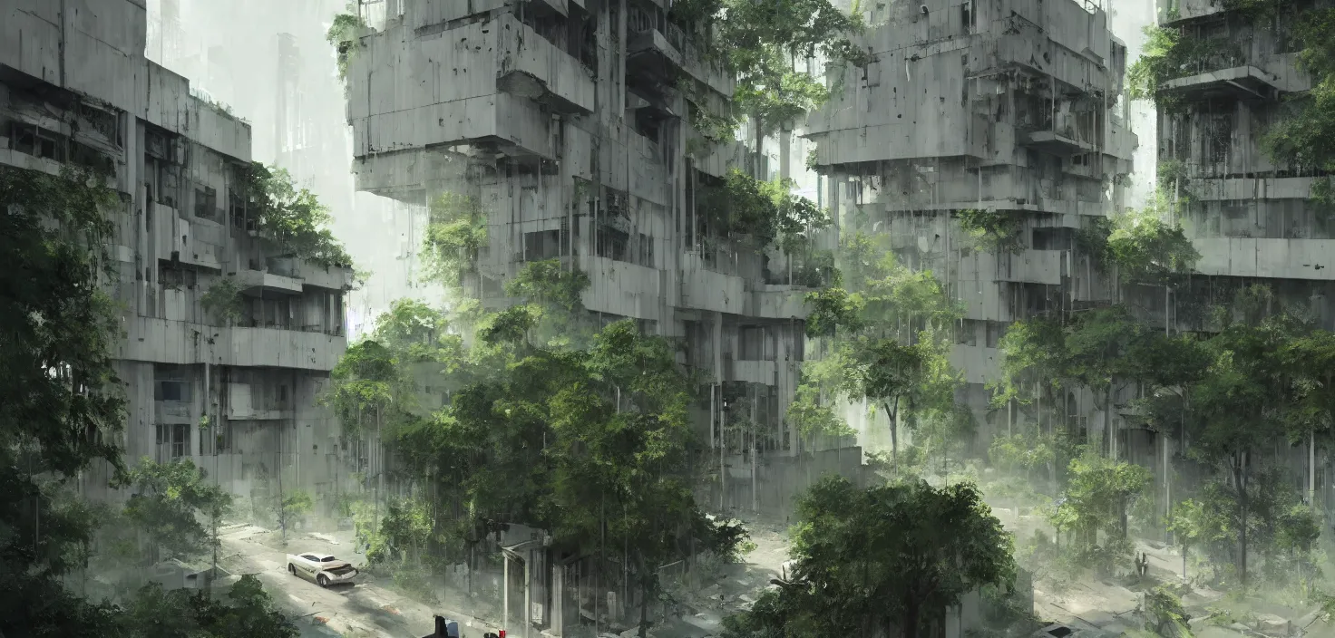 Image similar to brutalist architecture by Le Corbusier, abandoned derelict buildings, damaged structures, empty streetscapes, surrounded by lush green vegetation, volumetric lighting, digital painting, highly detailed, artstation, sharp focus, illustration, concept art, ruan jia, steve mccurry, amazing composition