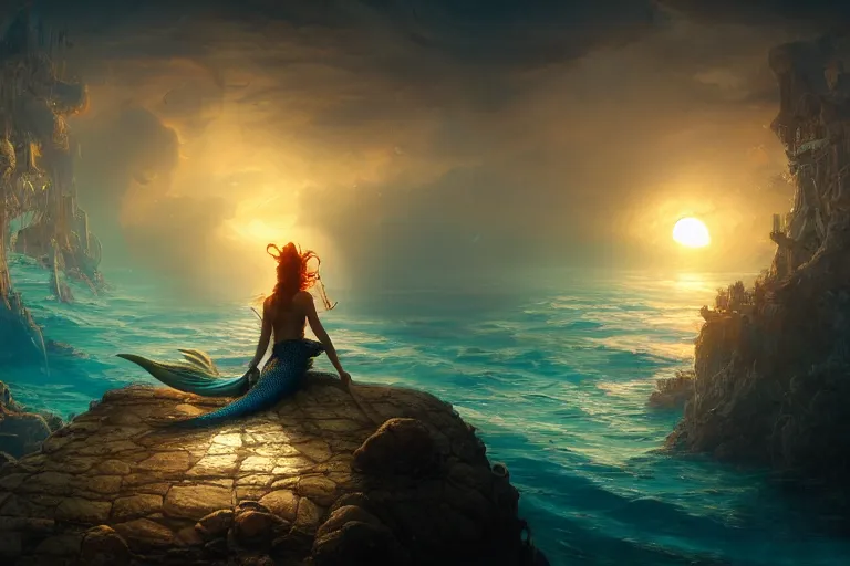 Image similar to a beautiful mermaid looking at the sunken city of Atlantic under water, ray of sunlight, Greg Rutkowski, Mohrbacher, volumetric lighting, octane render, 4K resolution, trending on artstation, masterpiece, vivid colours