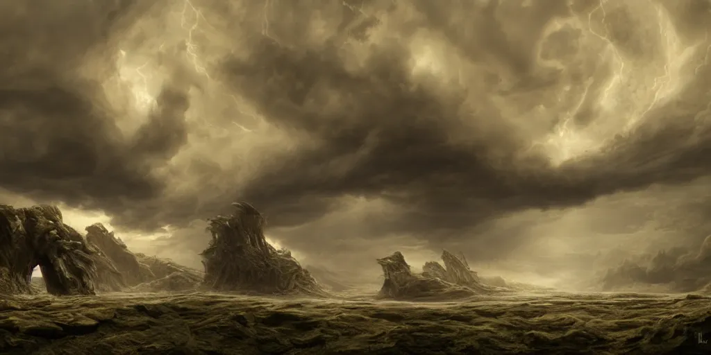 Prompt: photorealistic strange concept art of ship build from dinosaur bones, by katrina van grouw and bruce mahalski. an epic landscape, with ominous storm clouds, a gentle rising mist. occult photorealism, uhd, amazing depth, glowing, golden ratio, 3 d octane cycle unreal engine 5, volumetric lighting, cinematic lighting, cgstation artstation concept art