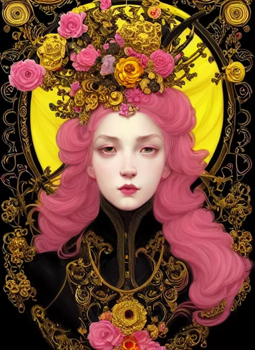 Image similar to beautiful black pink yellow, complicated gold and pink flowers in baroque style headwears, dark fantasy, intricate, elegant, highly detailed, digital painting, artstation, highly saturated colors, concept art, matte, 3 d 8 k octane rendered, sharp focus, illustration, octane rendered, art by artgerm and alphonse mucha, leesha hannigan