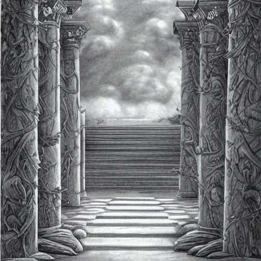 Image similar to childrens fantasy book illustration of a giant hallway and columns which turn into nature and the clouds and sky. highly detailed drawing. surrealism