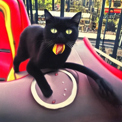 Prompt: black cat in a rollercoaster. the cat looks happy. sunlight. polaroid photo. saturated colors.